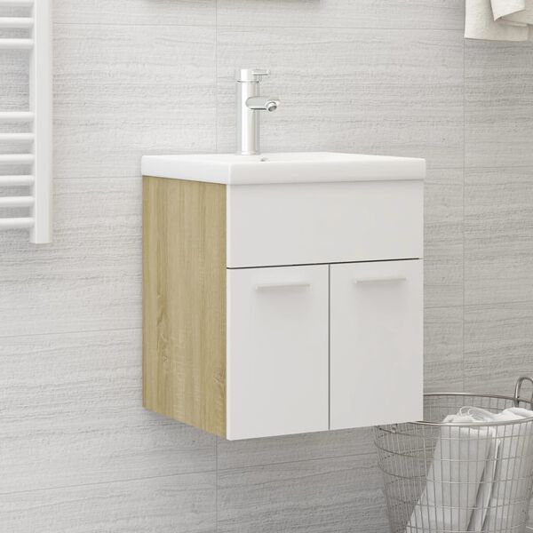 vidaXL Sink Cabinet White and Sonoma Oak Engineered Wood Bathroom Cabinet