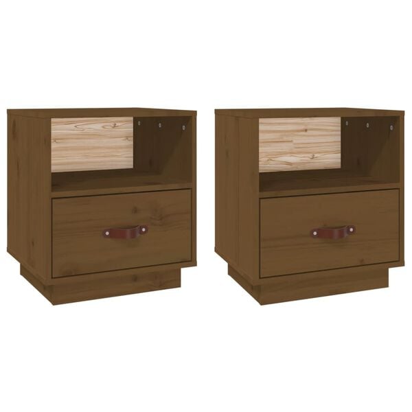 vidaXL Bedside Cabinet Set of 2 Honey brown Solid pine wood, faux leather