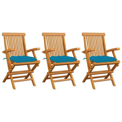 vidaXL Patio Chairs with Light Blue Cushions 3 pcs Solid Teak Wood