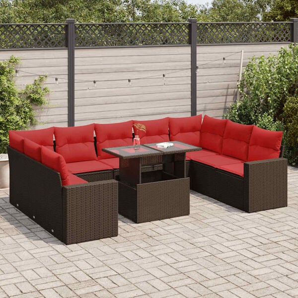 vidaXL 10 Piece Garden Sofa Set with Cushions Brown Poly Rattan Acacia