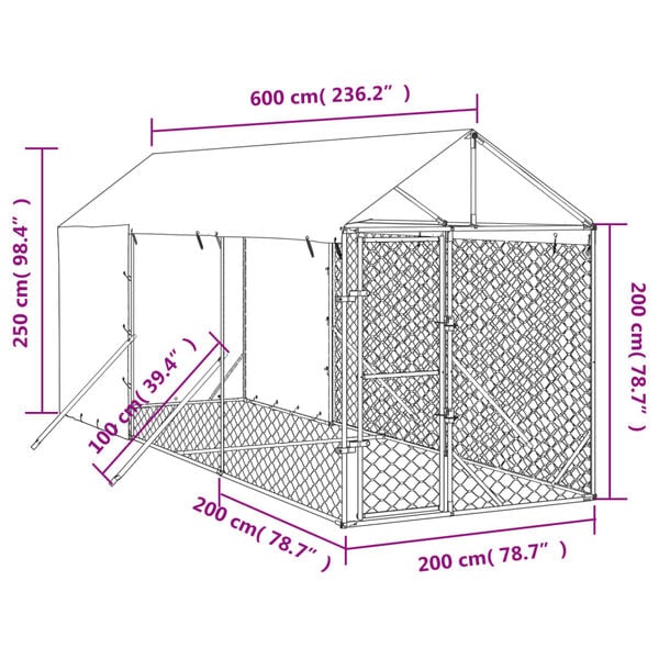 vidaXL Outdoor Dog Kennel Silver Galvanized steel 6.6 x 19.7 x 8.2 ft