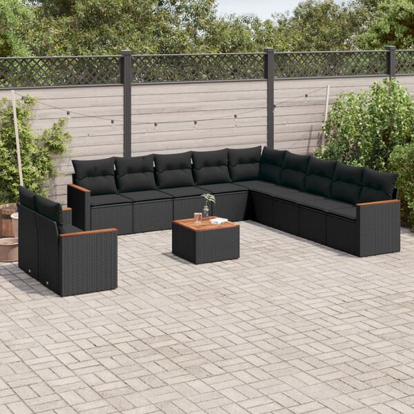 vidaXL Garden Sofa Set Black PE Rattan, Acacia Wood, Powder-Coated Steel