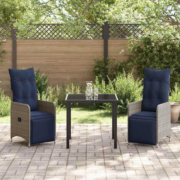 vidaXL Table and Chair Set with Cushion 3 pcs Grey PE Rattan