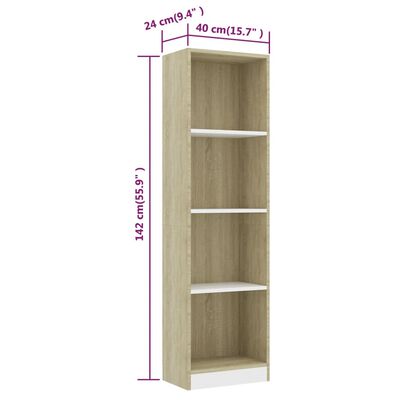 vidaXL 4-Tier Book Cabinet White and Sonoma Oak 15.7"x9.4"x55.9" Chipboard