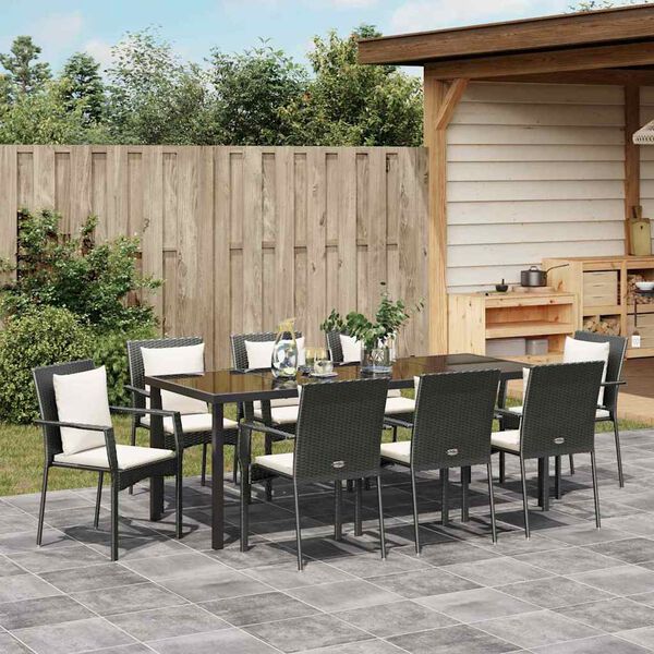 vidaXL Garden Dining Set with Cushion 9 pcs Black Poly Rattan