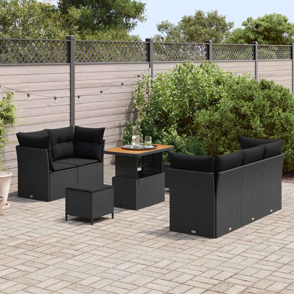 vidaXL Garden Sofa Set with Cushion 8 pcs Black Poly Rattan
