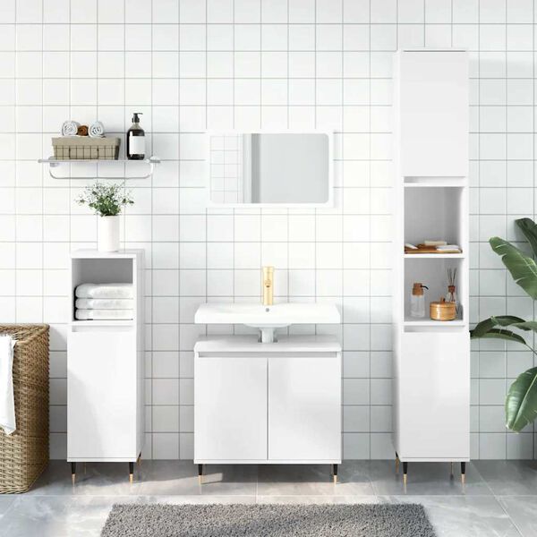 vidaXL Bathroom Cabinet Glossy White Engineered Wood, Metal Medium