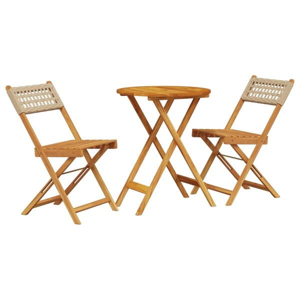 vidaXL Bistro Set Beige Solid acacia wood, PE rattan Compact Collapsible