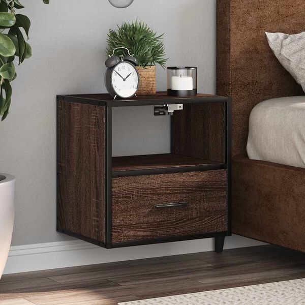 vidaXL Wall-mounted Bedside Cabinet Brown Oak Engineered wood, metal