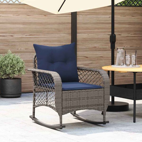 vidaXL Patio Rocking Chair with Cushions Gray Poly Rattan