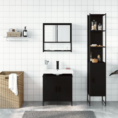 Black bathroom vanity with sink, a wall cabinet with mirror, and a tall open pantry cabinet