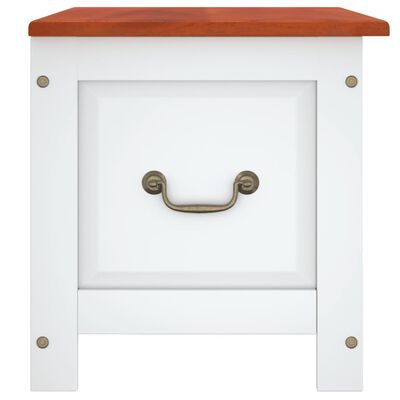 Close-up of white storage bench drawer front with brass handle and copper top.