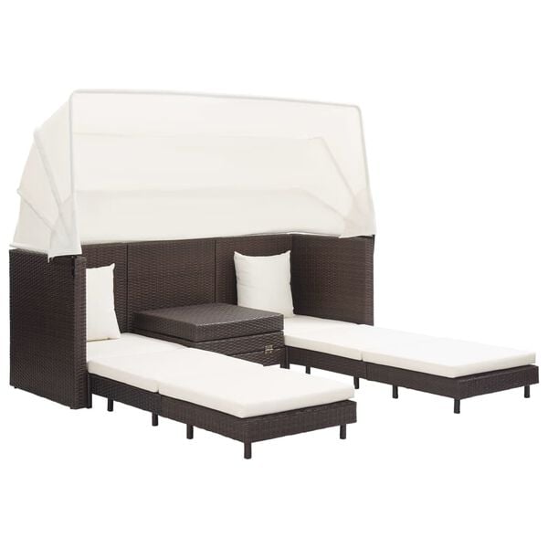 vidaXL Sofa Bed Brown and Cream White PE Rattan, Powder-Coated Steel