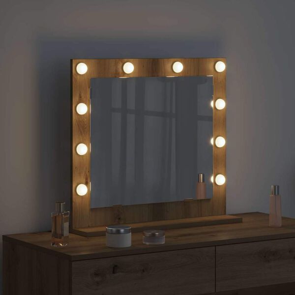 vidaXL Vanity Mirror with LED Strip Lights Smoked Oak 60 x 55 x 18 cm
