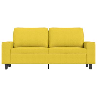 Bright yellow two-seat sofa shown in side view with armrests and four legs.
