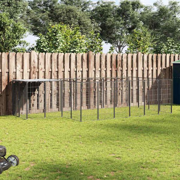 vidaXL Dog Kennel Black and Silver Grey PE, Powder-Coated Steel Large