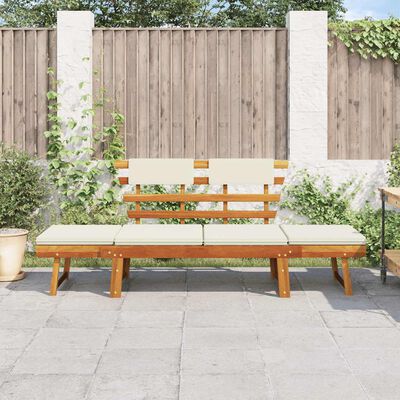 Wood outdoor bench with backrest and white cushions, single piece