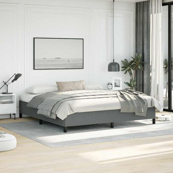 vidaXL Bed Frame Dark Gray Polyester Fabric, Plywood, Engineered Wood King