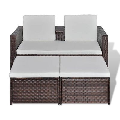 Front view of a brown wicker two-seater sofa with white cushions and two storage drawers underneath