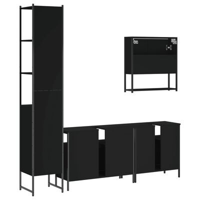 Modular bathroom furniture showing tall cabinet, long base cabinet with doors, and wall-mounted console.