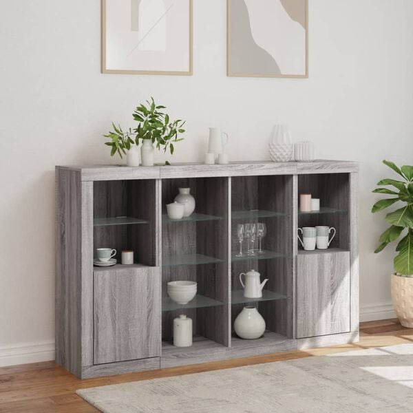 vidaXL Sideboard Set of 3 Grey Sonoma Engineered wood, Glass Large