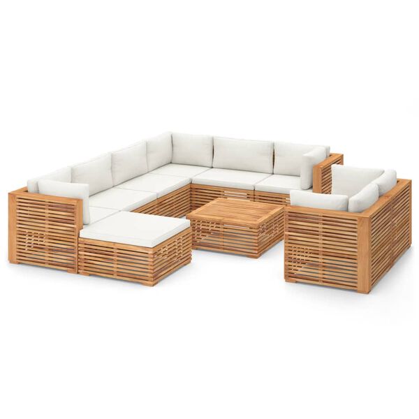 vidaXL 10 Piece Patio Lounge Set with Cream Cushion Solid Teak Wood
