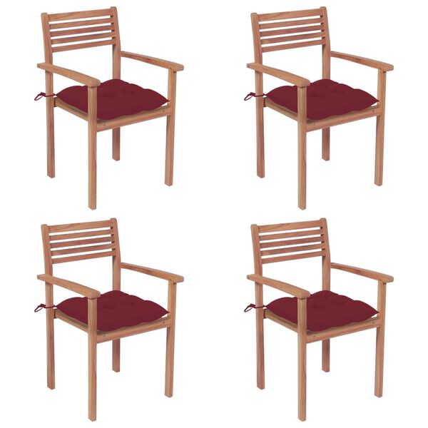vidaXL Patio Chair Set of 4 Wine Red Solid Teak Wood Medium Stackable