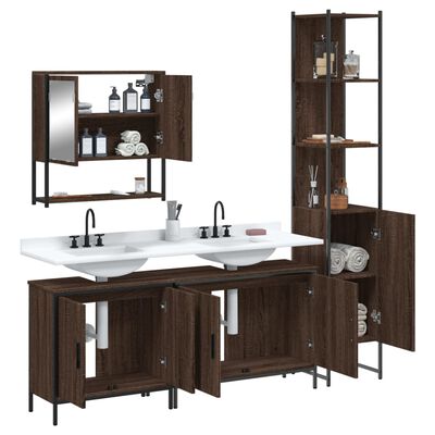 Bathroom vanity set with double sinks, wall-mounted mirror cabinet on left, and tall open storage tower on right; doors/open shelves.