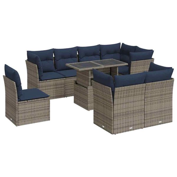 vidaXL 9 Piece Patio Sofa Set with Cushions Gray Poly Rattan Acacia