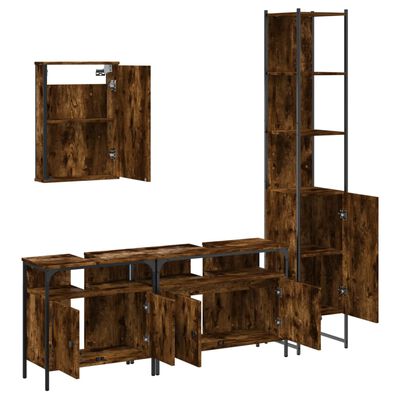 Studio shot of a tall pantry cabinet and a large vanity with multiple doors; a separate open cabinet and the tall cabinet form a modular storage wall.