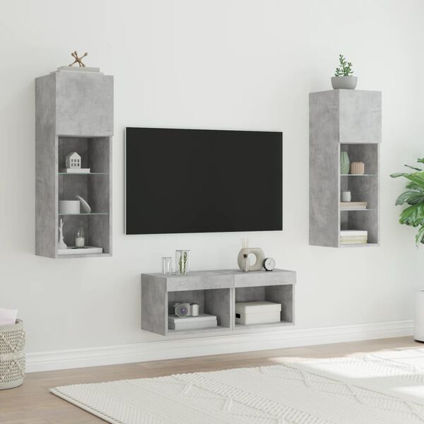 vidaXL 4 Piece TV Wall Stands with LED Lights Concrete Gray
