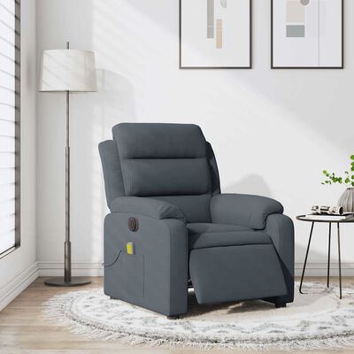 Gray recliner placed in a bright living room with side table and framed art