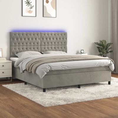 vidaXL Box Spring Bed with Mattress&LED Light Gray Queen Velvet