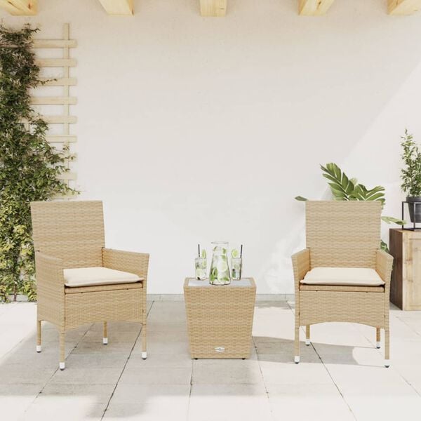 vidaXL 3 Piece Bistro Set with Cushions Beige Poly Rattan and Glass