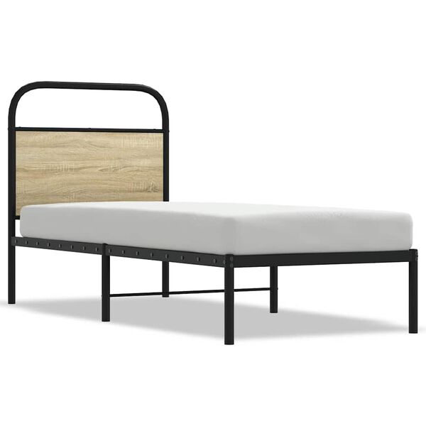 vidaXL Bed Frame Sonoma Oak, Steel Grey Steel, Engineered Wood Twin