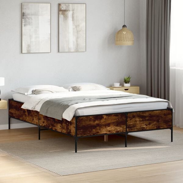vidaXL Bed Frame Smoked Oak Engineered wood, steel 63x79 in Durable