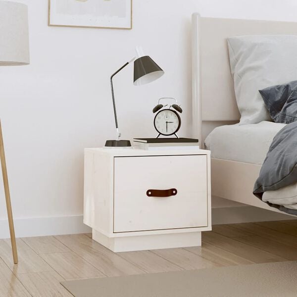 vidaXL Bedside Cabinet White Solid pine wood, faux leather Small