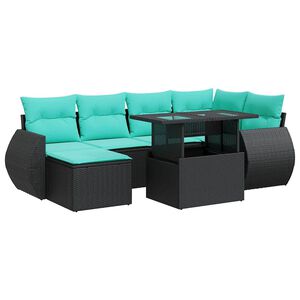vidaXL 7 Piece Patio Sofa Set with Cushions Black Poly Rattan Acacia