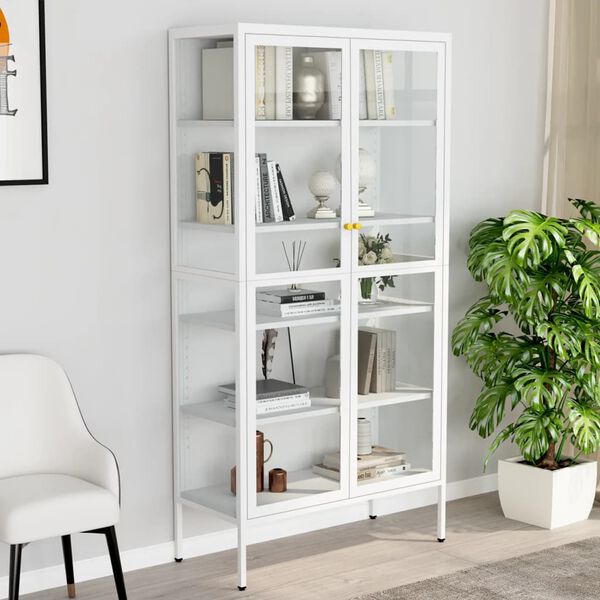vidaXL Display Cabinet White Steel, Tempered Glass Large Display Cabinet