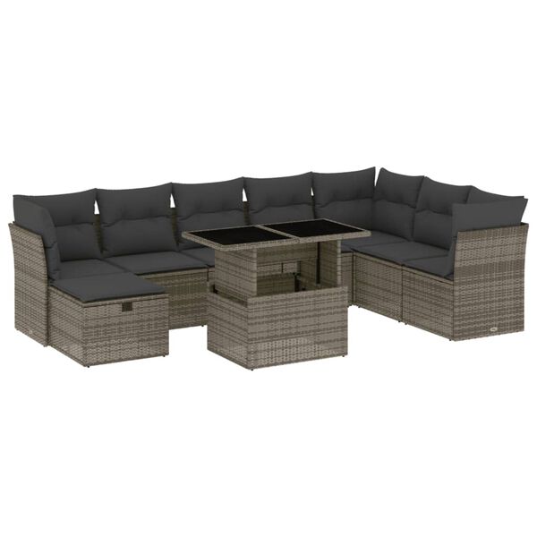 vidaXL Garden Sofa Set Grey PE Rattan, Powder-Coated Steel, Polyester