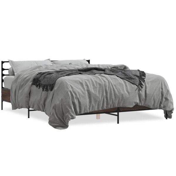 vidaXL Bed Frame Brown Oak Engineered Wood, Metal 63x79 in Bed Frame