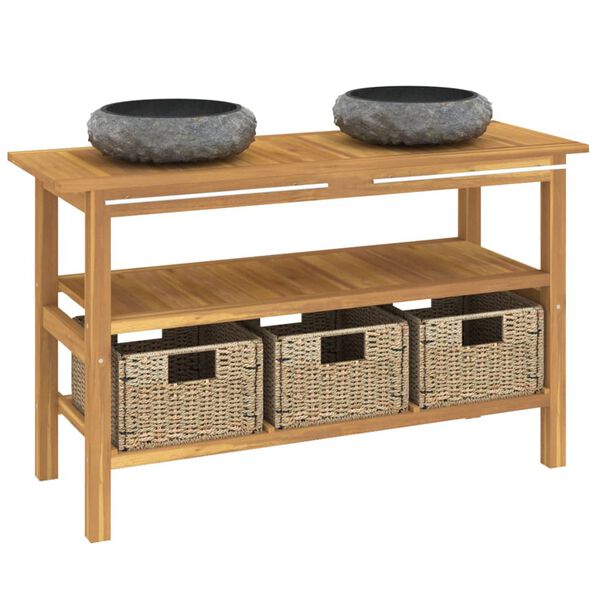 vidaXL Vanity Cabinet With Sink Black, Teak Teak Wood, Marble, Seagrass