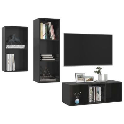 vidaXL 3 Piece TV Stand Set High Gloss Black Engineered Wood