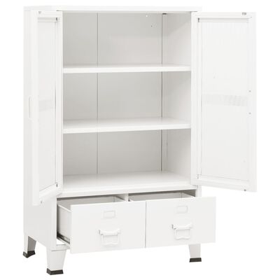 White cabinet with two open doors revealing shelves and two bottom drawers