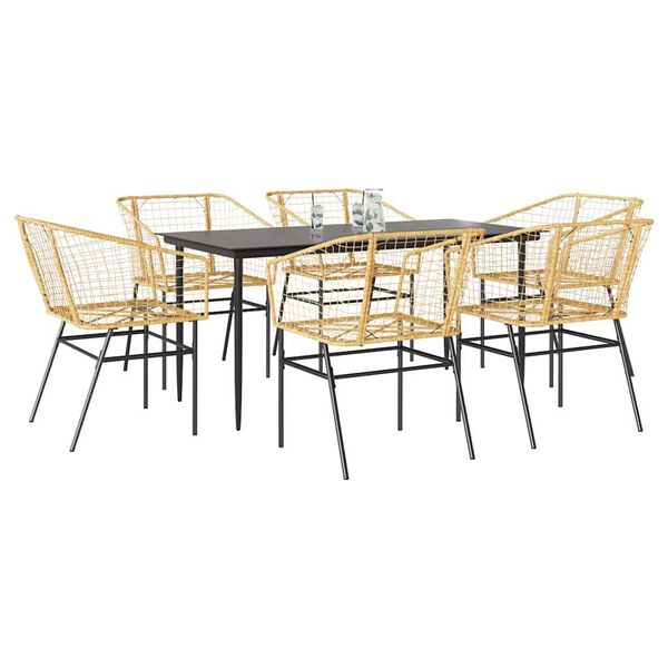 vidaXL 7 Piece Patio Dining Set Brown Poly Rattan Glass