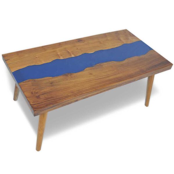 vidaXL Coffee Table Brown and Blue Teak and Resin 39.4 x 19.7 x 15.7 in