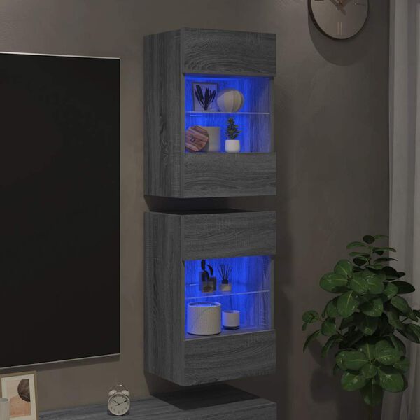 vidaXL Wall Cabinets with LED Lights for TV 2 pcs Gray Sonoma 15.7"x11.8"x23.8"