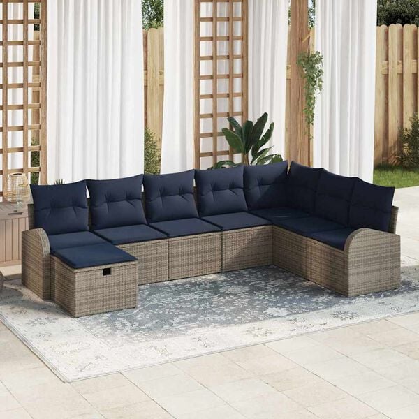 vidaXL Sofa Set with Cushion Manual 8 pcs Grey and Navy Poly Rattan