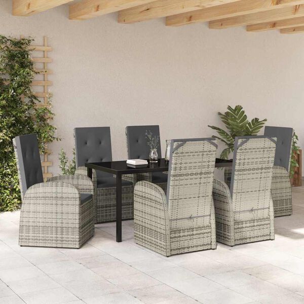 vidaXL Garden Dining Set with Cushion 7 pcs Grey Poly Rattan