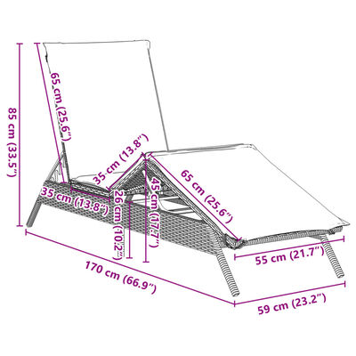 Dimensions diagram of the lounge chair with measurements in cm and inches.